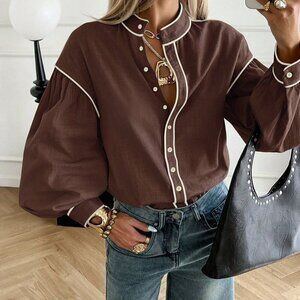 Brown Casual Women's Contrast Trim Long Sleeve Cotton Blouse